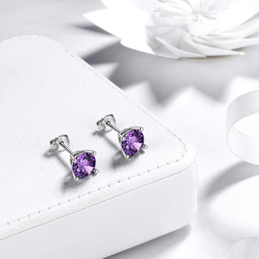 Round Birthstone February Amethyst Earrings Sterling Silver - Earrings - Aurora Tears