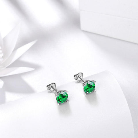 Round Birthstone May Emerald Earrings Sterling Silver - Earrings - Aurora Tears
