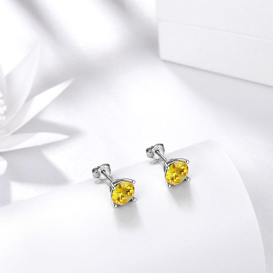 Round Birthstone November Citrine Earrings Sterling Silver - Earrings - Aurora Tears