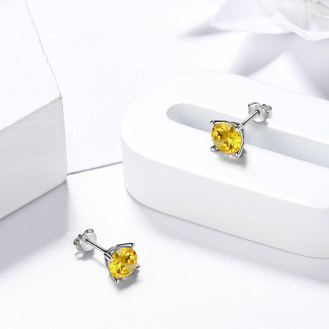 Round Birthstone November Citrine Earrings Sterling Silver - Earrings - Aurora Tears