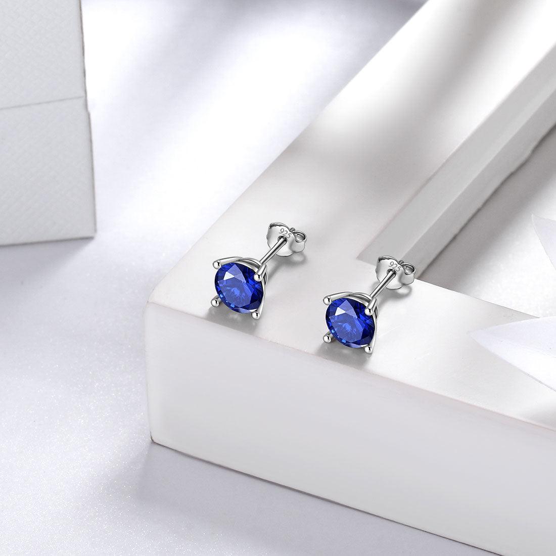 Round Birthstone September Sapphire Earrings Sterling Silver - Earrings - Aurora Tears