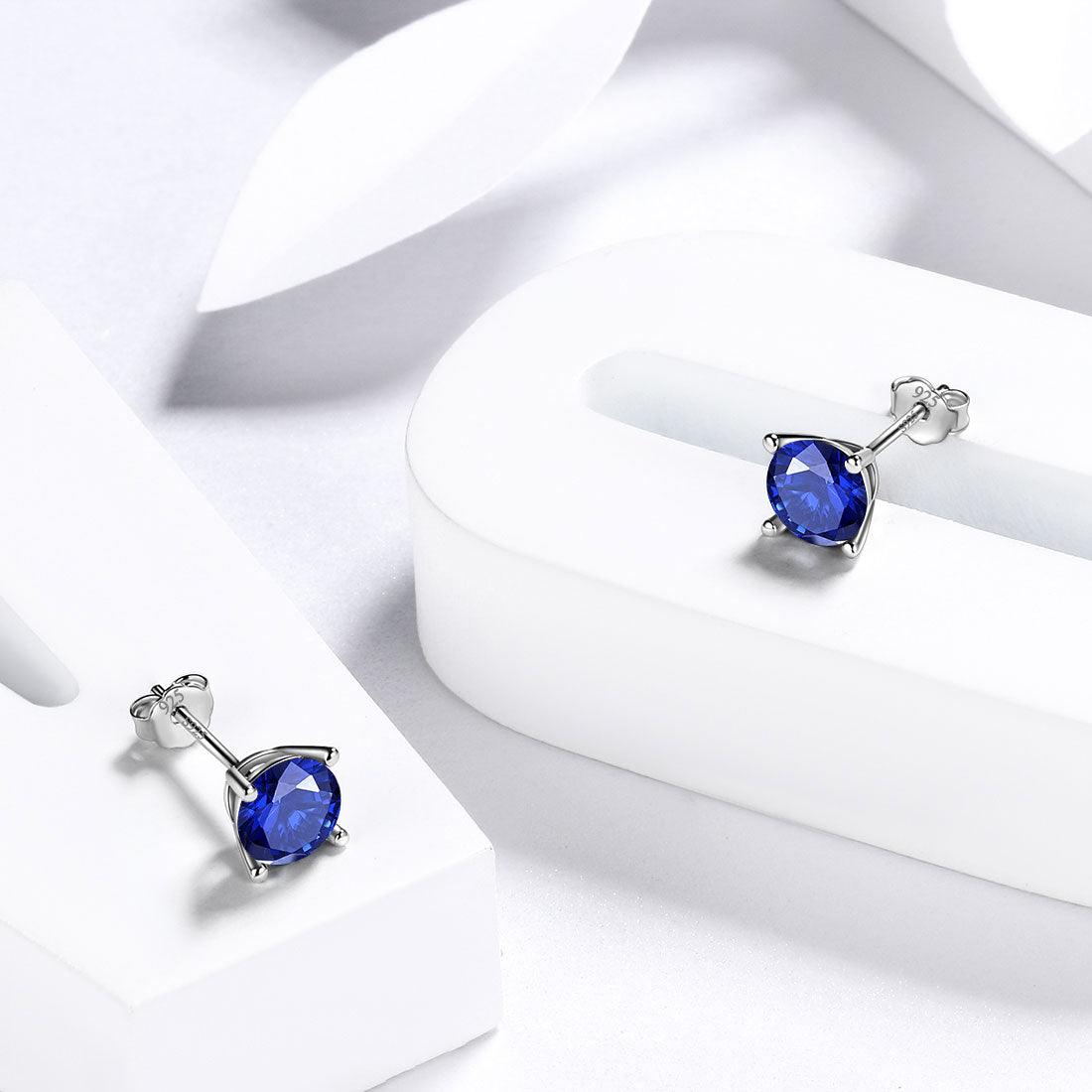 Round Birthstone September Sapphire Earrings Sterling Silver - Earrings - Aurora Tears