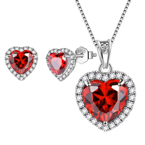 Red Heart Jewelry Sets for Women, Garnet January Birthstone Jewelry Set Necklace Earrings 925 Sterling Silver Jewelry Girls Birthday Valentine's Day Gifts