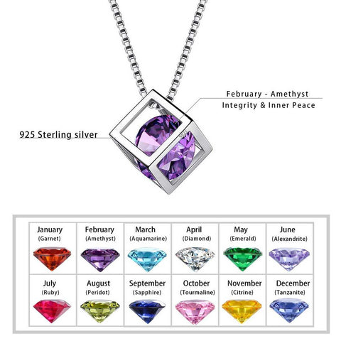 3D Cube Birthstone February Amethyst Necklace Sterling Silver - Necklaces - Aurora Tears