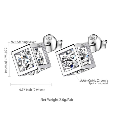 3D Cube Birthstone April Diamond Earrings Sterling Silver - Earrings - Aurora Tears
