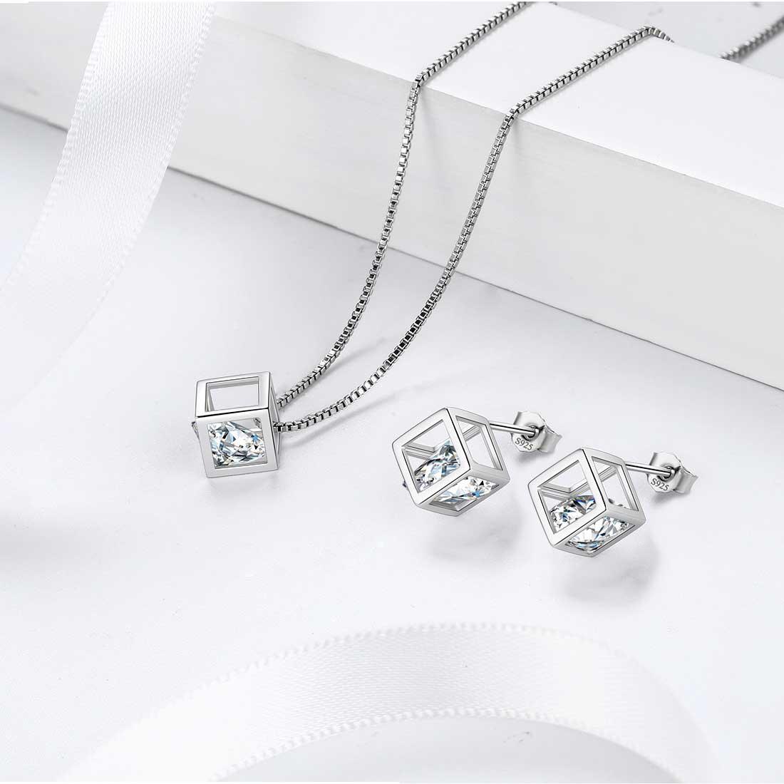 3D Cube Birthstone April Diamond Earrings Sterling Silver - Earrings - Aurora Tears