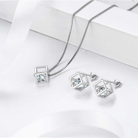 3D Cube Birthstone April Diamond Jewelry Set 3PCS - Jewelry Set - Aurora Tears