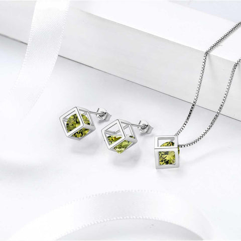 3D Cube Birthstone August Peridot Necklace Sterling Silver - Necklaces - Aurora Tears