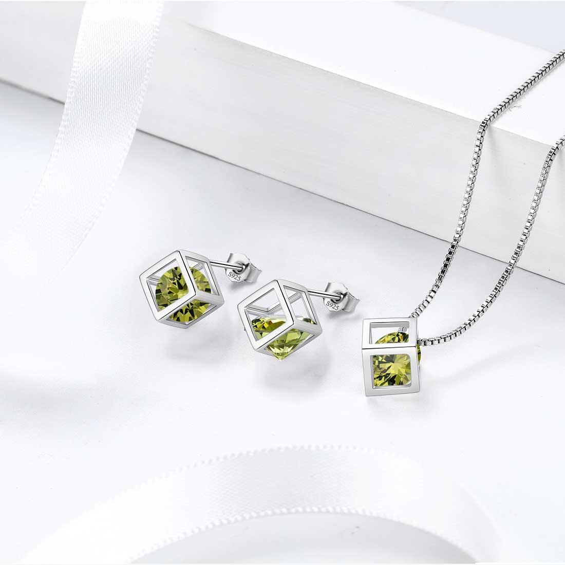 3D Cube Birthstone August Peridot Earrings Sterling Silver - Earrings - Aurora Tears