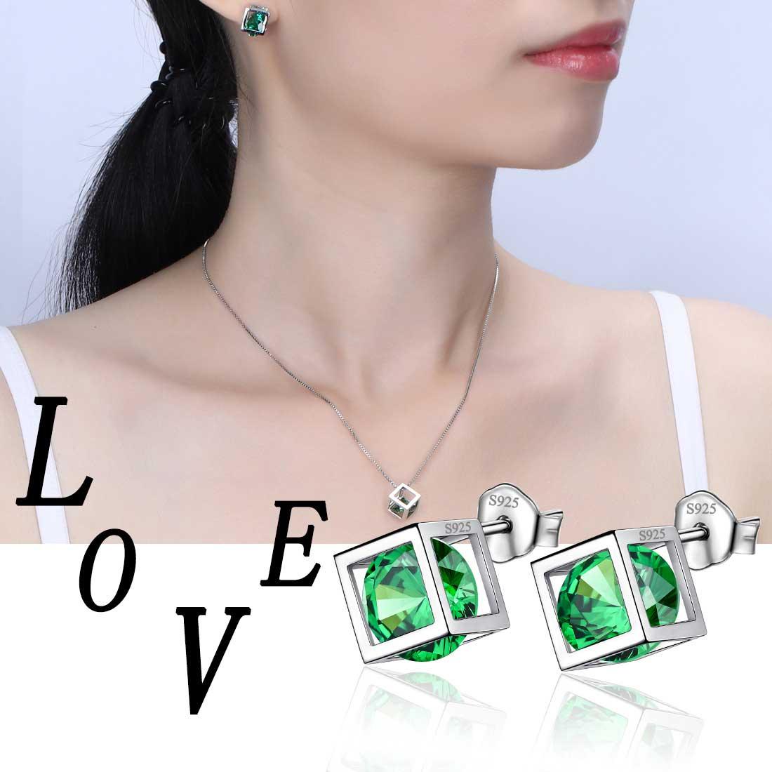 3D Cube Birthstone May Emerald Earrings Sterling Silver - Earrings - Aurora Tears