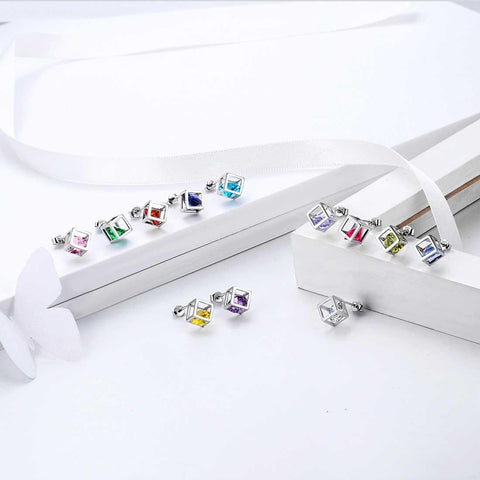 3D Cube Birthstone December Tanzanite Earrings Sterling Silver - Earrings - Aurora Tears