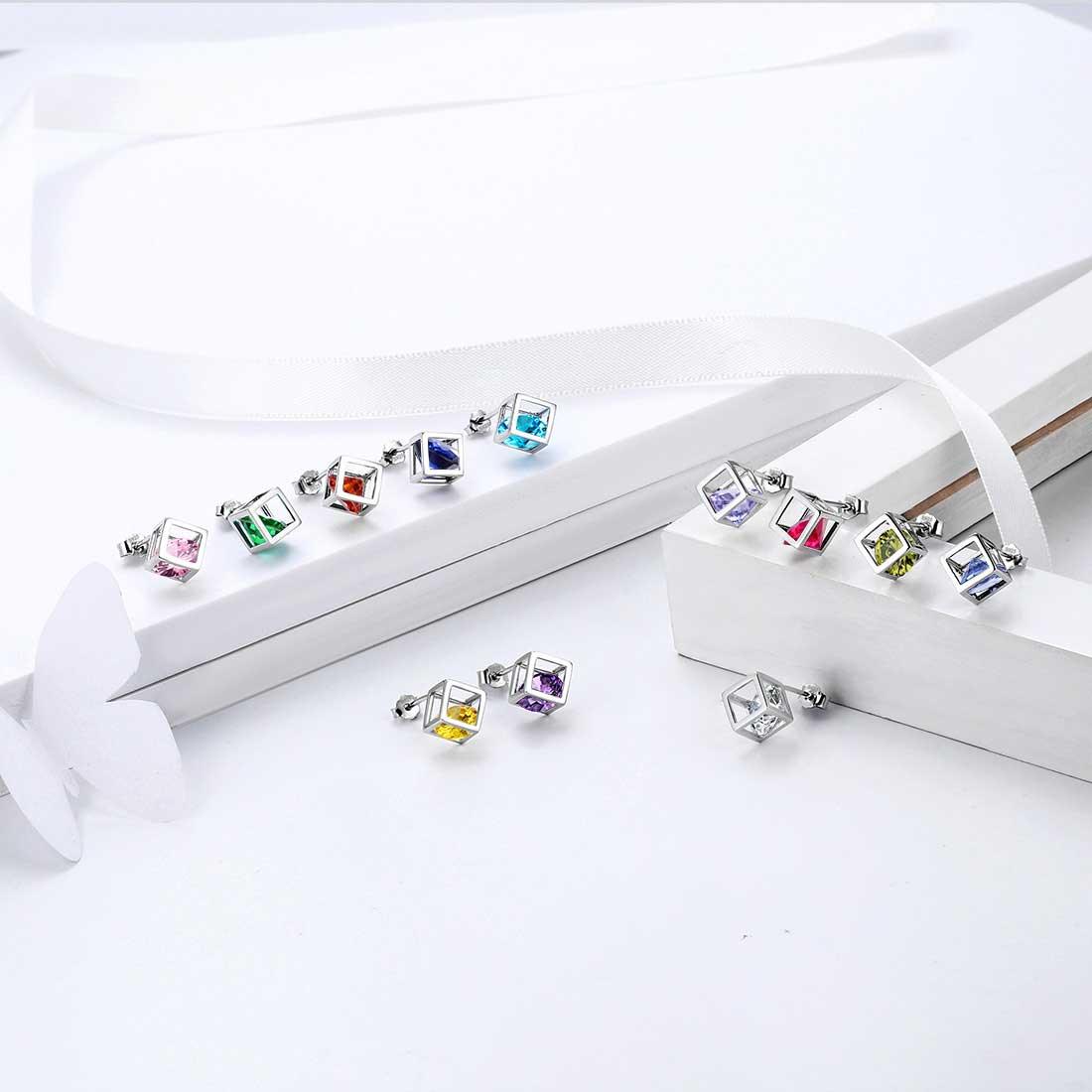 3D Cube Birthstone April Diamond Earrings Sterling Silver - Earrings - Aurora Tears