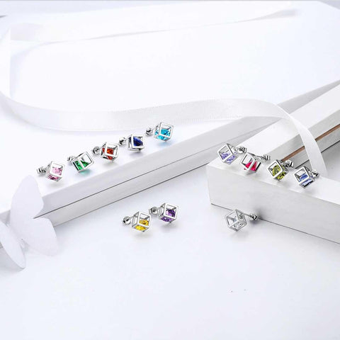 3D Cube Birthstone September Sapphire Earrings Sterling Silver - Earrings - Aurora Tears