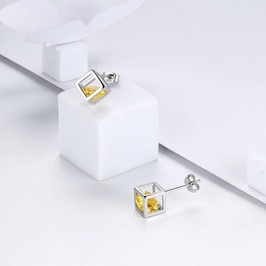 3D Cube Birthstone November Citrine Earrings Sterling Silver - Earrings - Aurora Tears