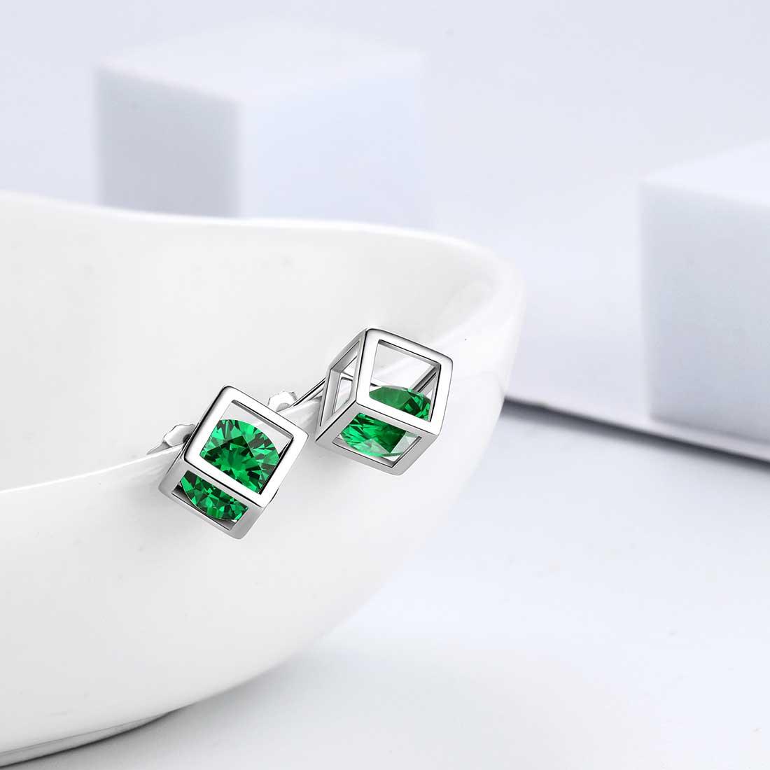 3D Cube Birthstone Stud Earrings Sterling Silver - Earrings - Aurora Tears Jewelry