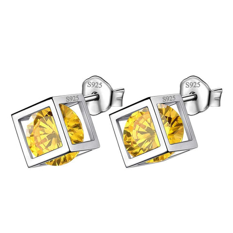 3D Cube Birthstone November Citrine Earrings Sterling Silver - Earrings - Aurora Tears