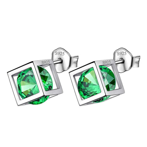 3D Cube Birthstone Stud Earrings Sterling Silver - Earrings - Aurora Tears Jewelry