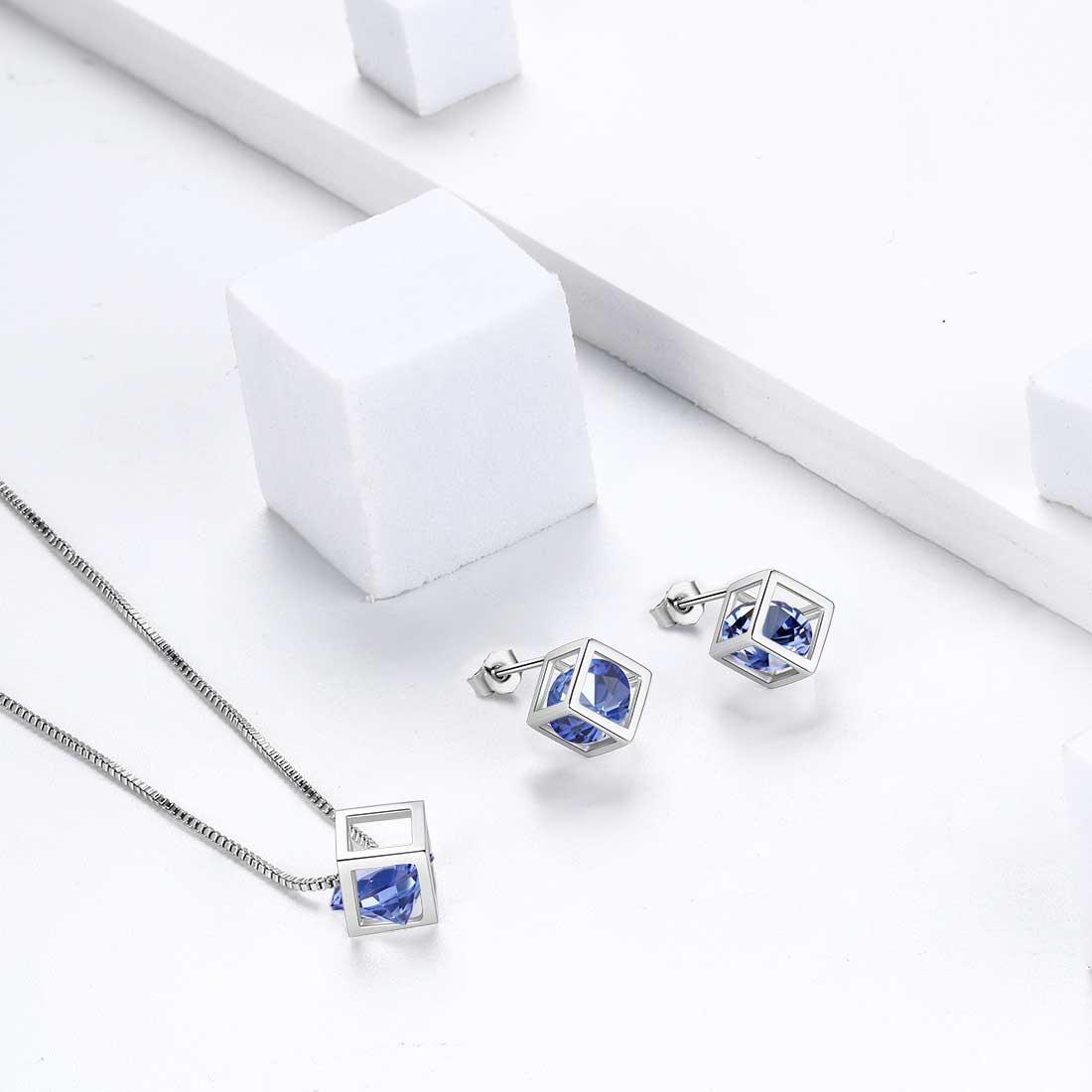 3D Cube Birthstone December Tanzanite Necklace Sterling Silver - Necklaces - Aurora Tears