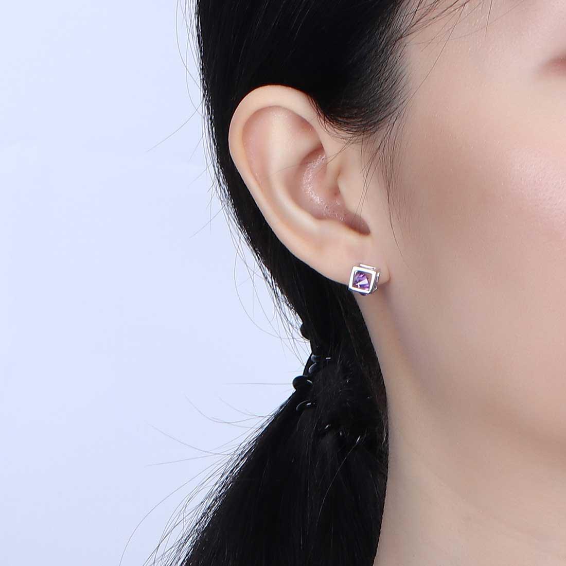 3D Cube Birthstone February Amethyst Earrings Sterling Silver - Earrings - Aurora Tears