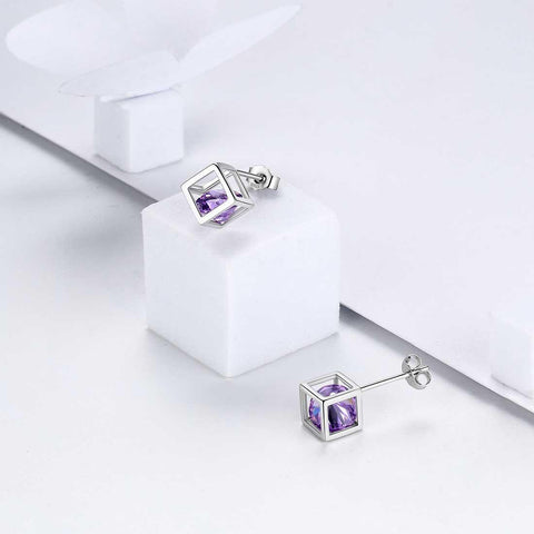 3D Cube Birthstone February Amethyst Earrings Sterling Silver - Earrings - Aurora Tears