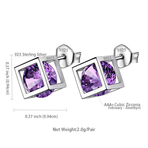 3D Cube Birthstone February Amethyst Earrings Sterling Silver - Earrings - Aurora Tears