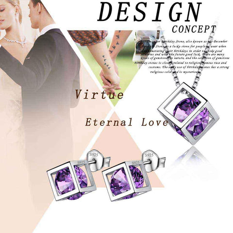 3D Cube Birthstone February Amethyst Jewelry Set 3PCS - Jewelry Set - Aurora Tears