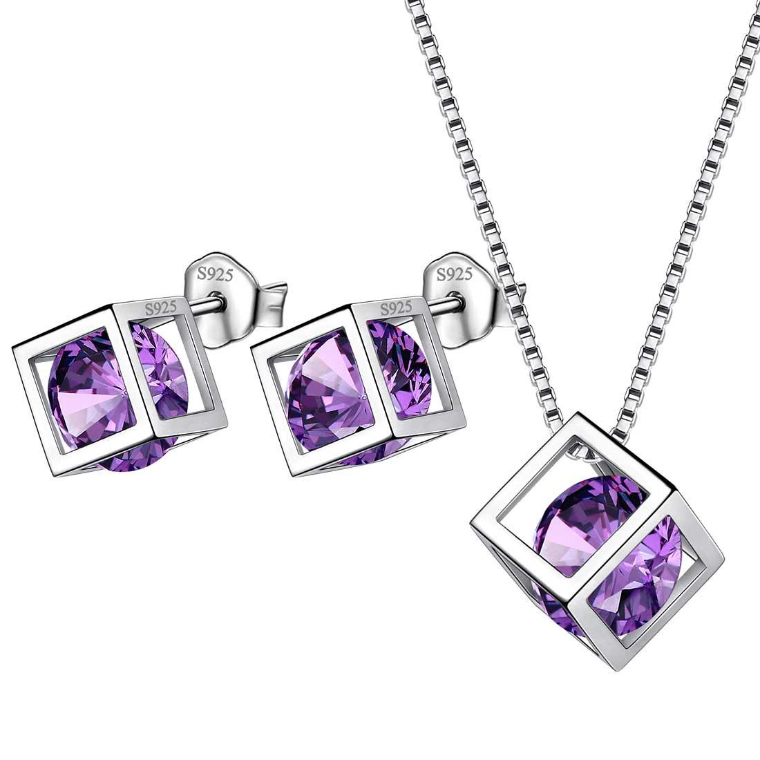 3D Cube Birthstone February Amethyst Jewelry Set 3PCS - Jewelry Set - Aurora Tears