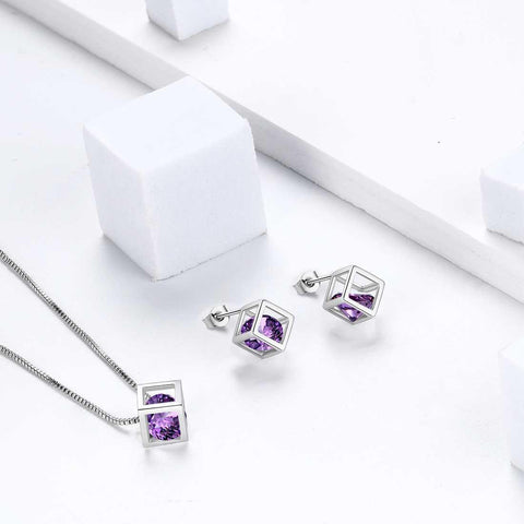 3D Cube Birthstone February Amethyst Earrings Sterling Silver - Earrings - Aurora Tears