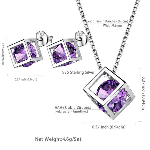 3D Cube Birthstone February Amethyst Jewelry Set 3PCS - Jewelry Set - Aurora Tears