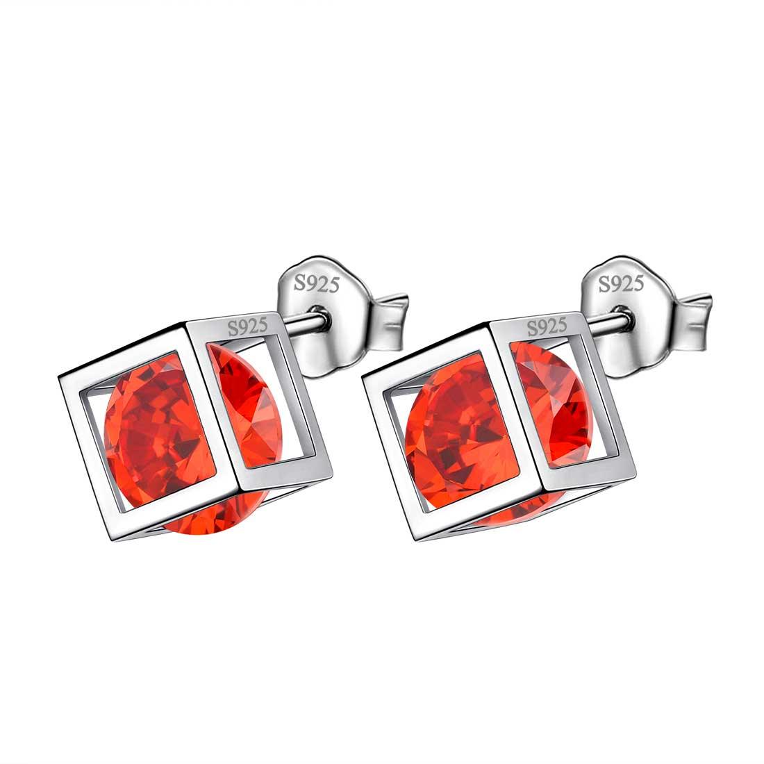 3D Cube Birthstone January Garnet Earrings Sterling Silver - Earrings - Aurora Tears