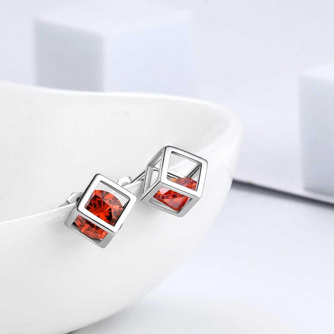 3D Cube Birthstone January Garnet Earrings Sterling Silver - Earrings - Aurora Tears