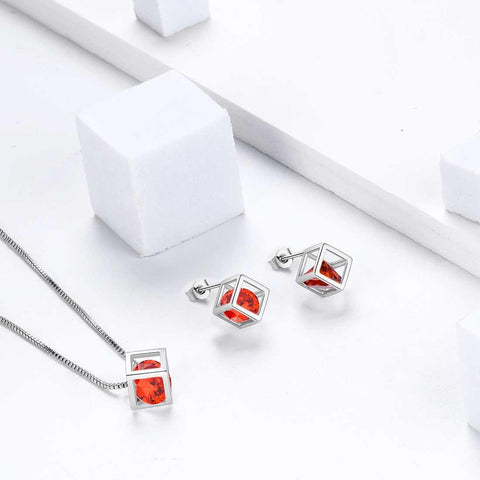 3D Cube Birthstone January Garnet Necklace Sterling Silver - Necklaces - Aurora Tears