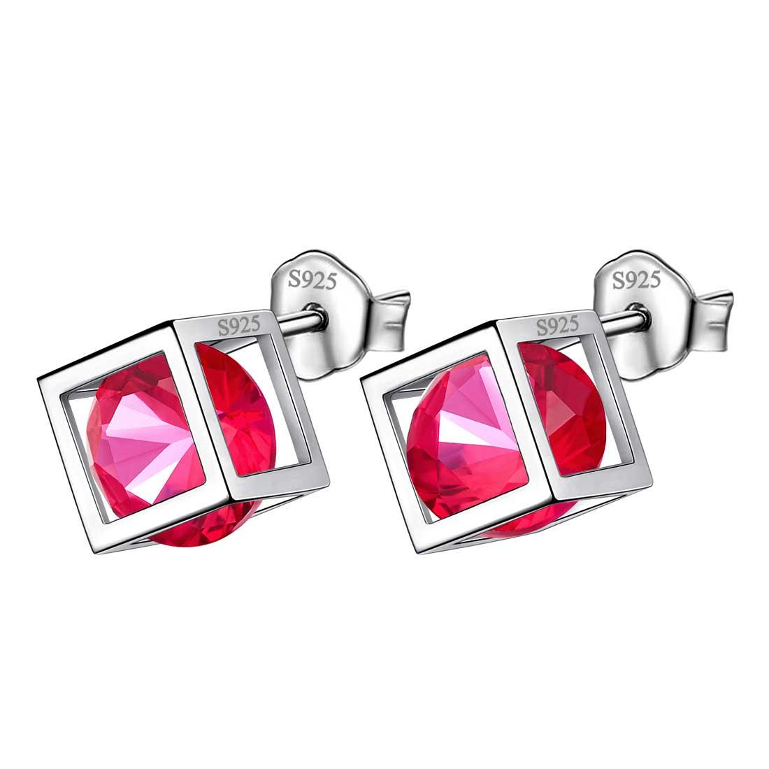 3D Cube Birthstone July Ruby Earrings Sterling Silver - Earrings - Aurora Tears