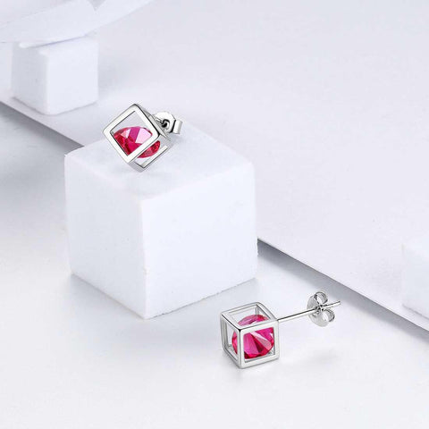 3D Cube Birthstone July Ruby Earrings Sterling Silver - Earrings - Aurora Tears