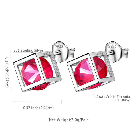 3D Cube Birthstone July Ruby Earrings Sterling Silver - Earrings - Aurora Tears