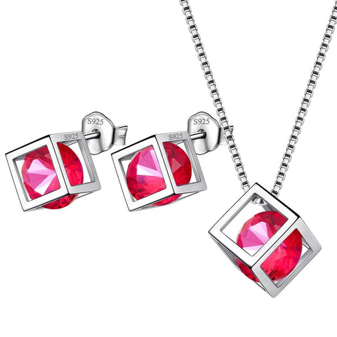 3D Cube Birthstone July Ruby Jewelry Set 3PCS - Jewelry Set - Aurora Tears