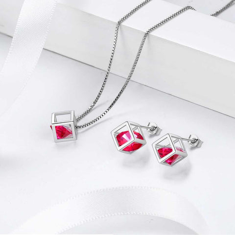 3D Cube Birthstone July Ruby Jewelry Set 3PCS - Jewelry Set - Aurora Tears