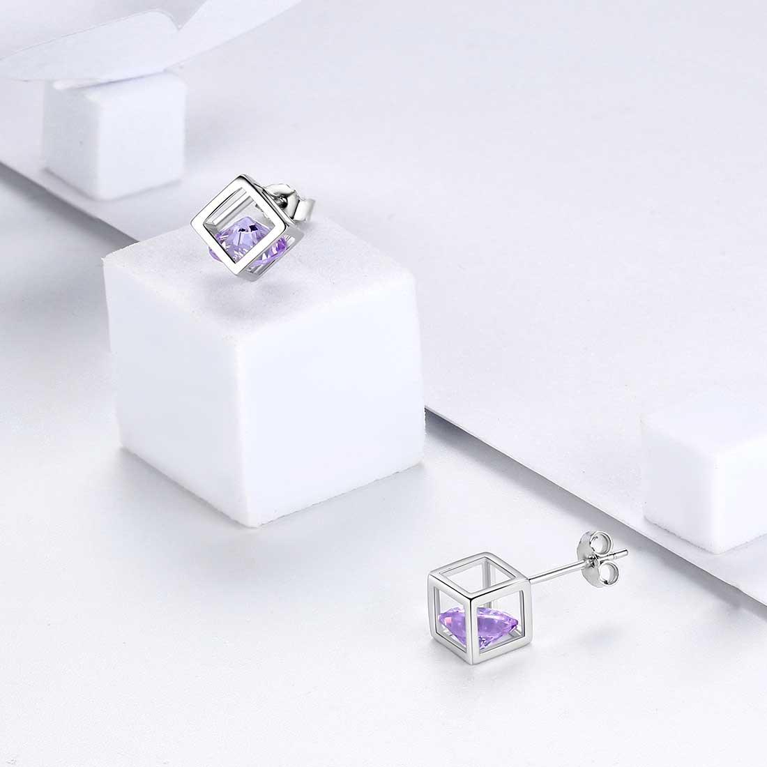 3D Cube Birthstone June Alexandrite Earrings Sterling Silver - Earrings - Aurora Tears