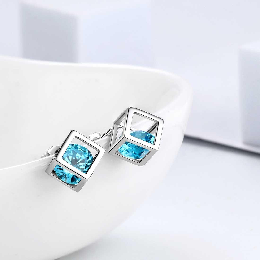 3D Cube Birthstone March Aquamarine Earrings Sterling Silver - Earrings - Aurora Tears