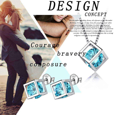 3D Cube Birthstone March Aquamarine Jewelry Set 3PCS - Jewelry Set - Aurora Tears