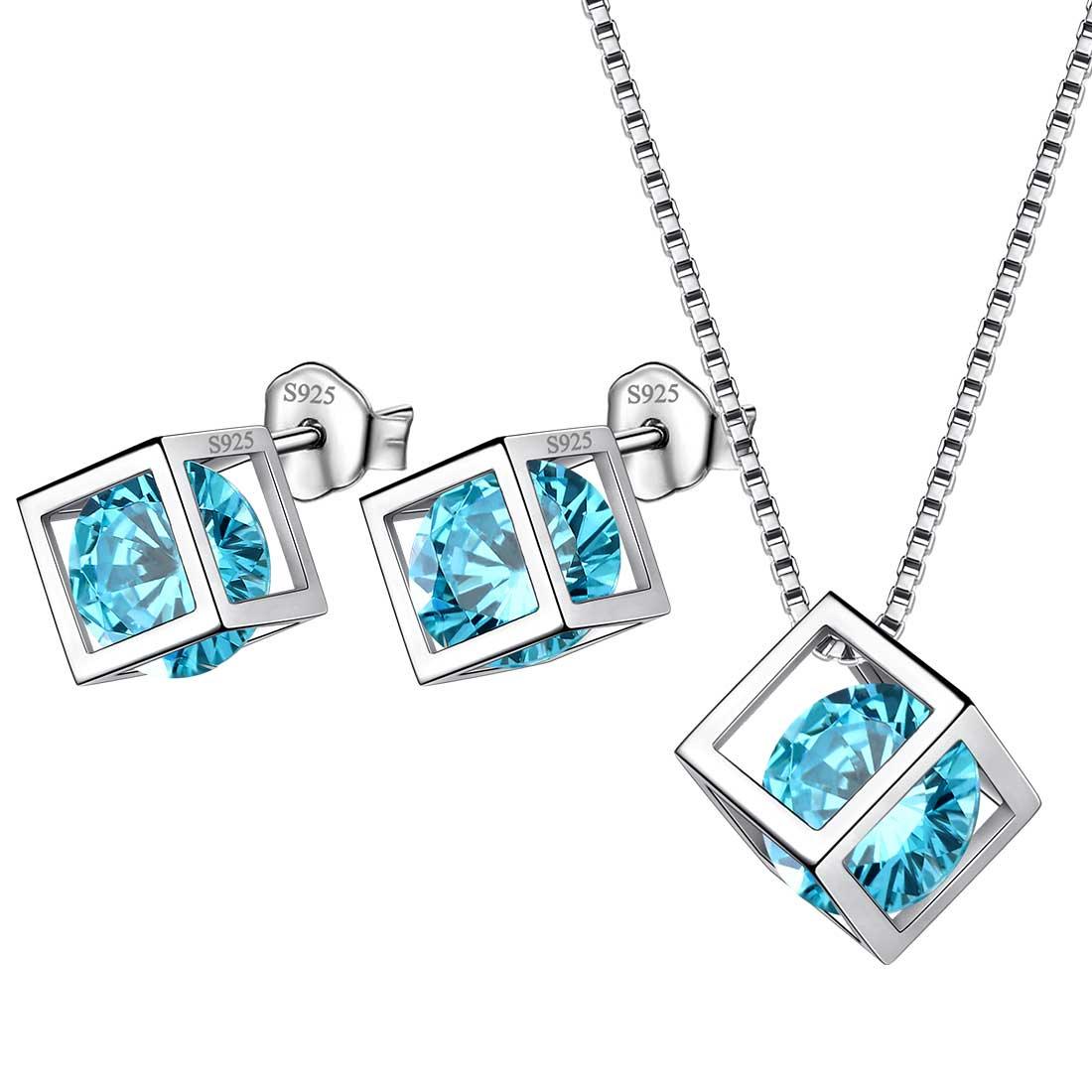 3D Cube Birthstone March Aquamarine Jewelry Set 3PCS - Jewelry Set - Aurora Tears