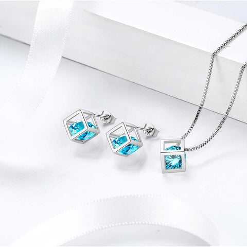 3D Cube Birthstone March Aquamarine Necklace Sterling Silver - Necklaces - Aurora Tears