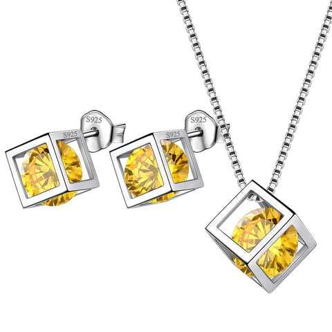 3D Cube Birthstone November Citrine Jewelry Set 3PCS - Jewelry Set - Aurora Tears