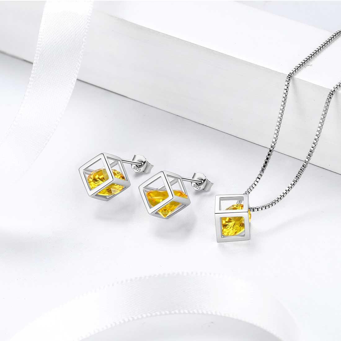 3D Cube Birthstone November Citrine Earrings Sterling Silver - Earrings - Aurora Tears