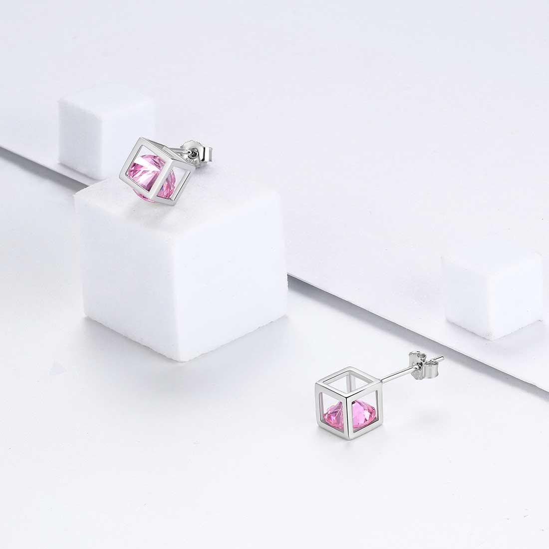 3D Cube Birthstone October Tourmaline Earrings Sterling Silver - Earrings - Aurora Tears