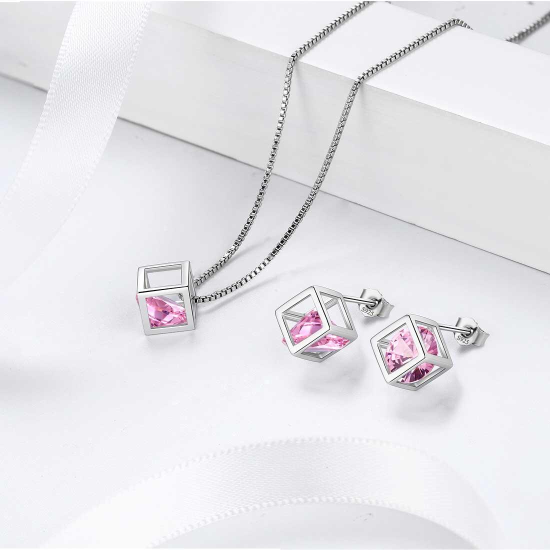 3D Cube Birthstone October Tourmaline Necklace Sterling Silver - Necklaces - Aurora Tears