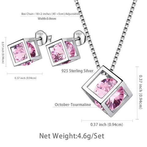 3D Cube Birthstone October Tourmaline Jewelry Set 3PCS - Jewelry Set - Aurora Tears