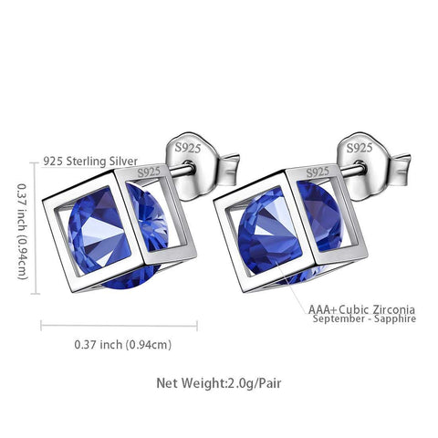 3D Cube Birthstone September Sapphire Earrings Sterling Silver - Earrings - Aurora Tears