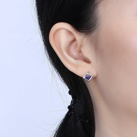 3D Cube Birthstone September Sapphire Earrings Sterling Silver - Earrings - Aurora Tears