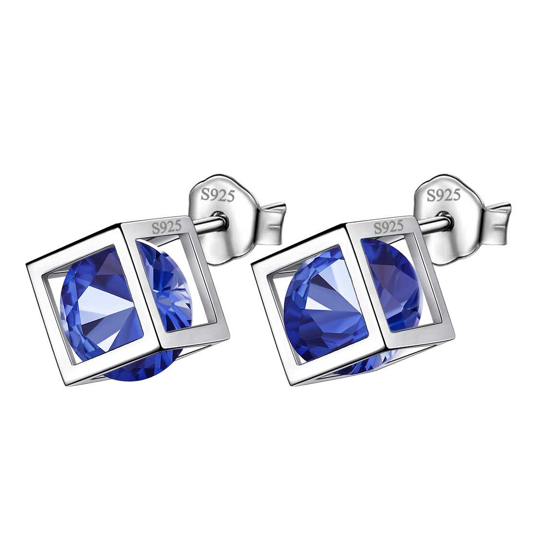 3D Cube Birthstone September Sapphire Earrings Sterling Silver - Earrings - Aurora Tears